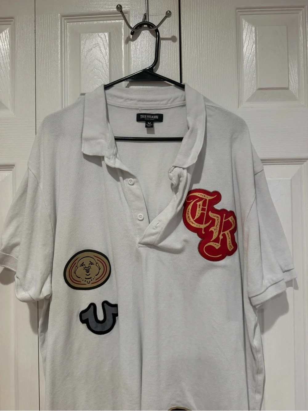 True Religion White Polo with Red Appliqué Logo and Multi-Patch Accents